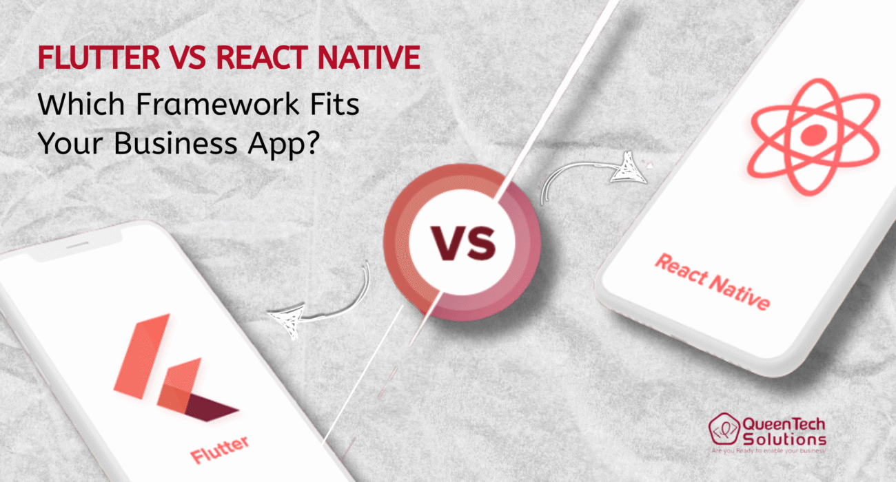 A professional comparison graphic of Flutter vs React architecture, highlighting Google's UI toolkit and Meta's JavaScript-based mobile framework.