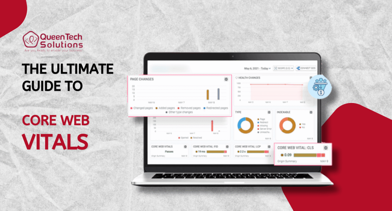 A laptop screen displaying a technical SEO dashboard with metrics for Core Web Vitals, including LCP, FID, and CLS, branded by QueenTech Solutions.