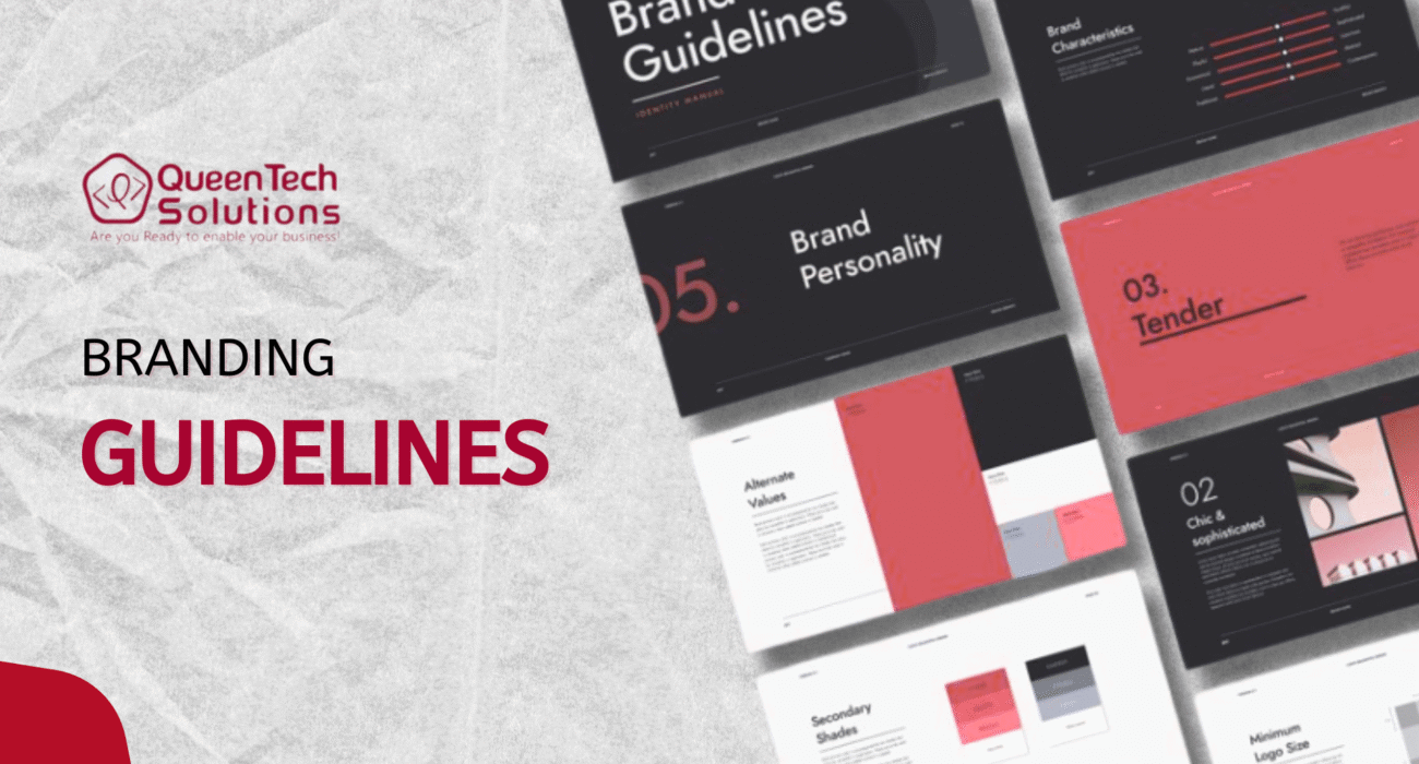 A collection of brand identity manual slides showcasing Branding guidelines, including brand personality, color shades, and logo usage for QueenTech Solutions.