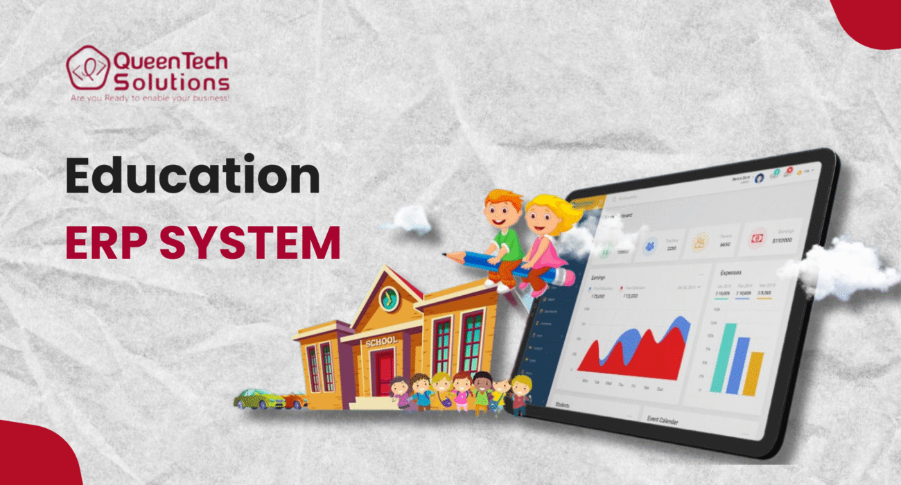 A digital illustration for QueenTech Solutions featuring a school building, students, and a tablet displaying a management dashboard for Education ERP Systems.