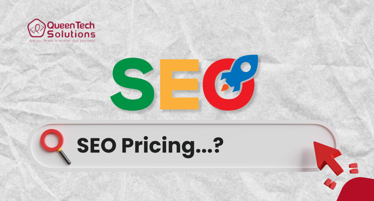 A graphic featuring the word 'SEO' with a rocket icon and a search bar asking about 'SEO Pricing', representing professional services for SEO in Egypt.