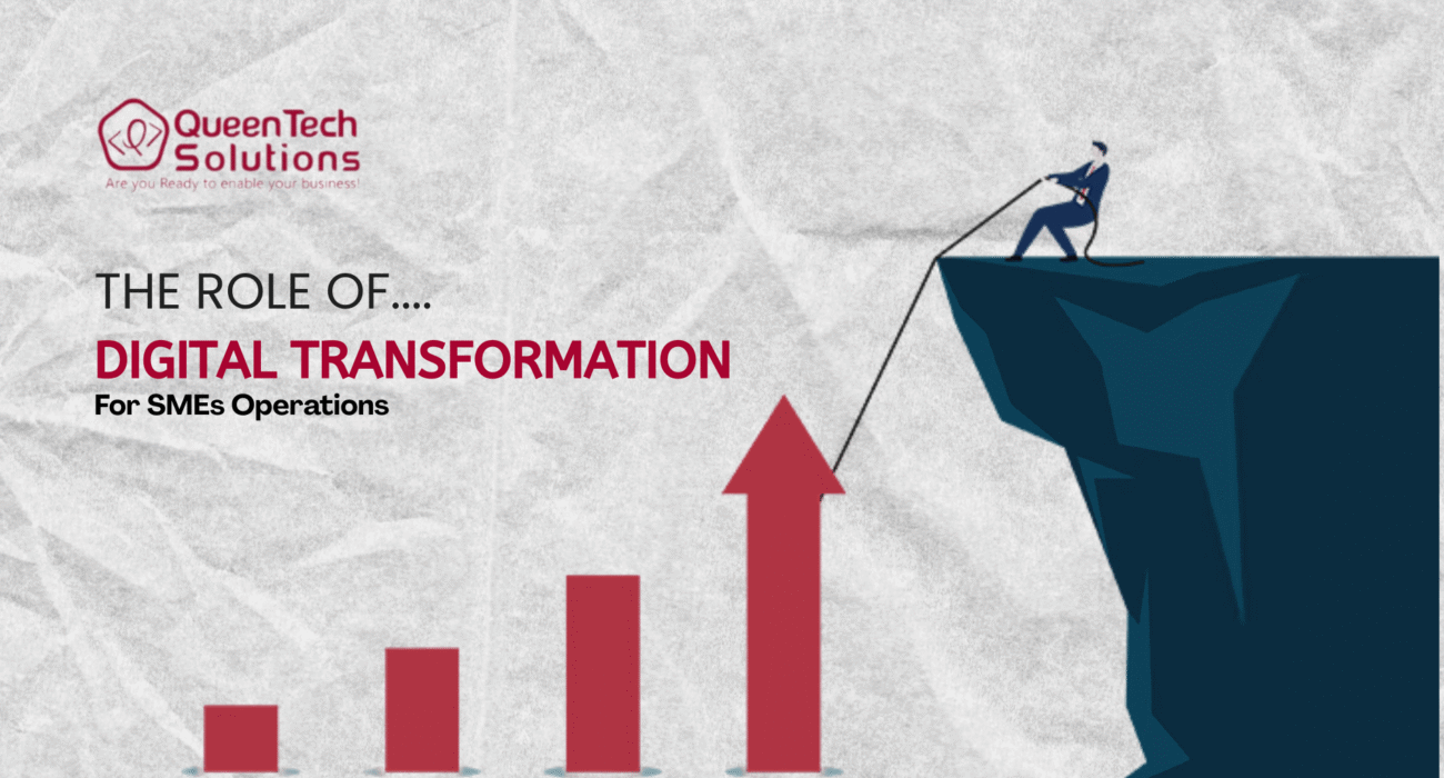 A conceptual graphic by QueenTech Solutions showing a figure pulling a red growth arrow upward on a cliffside, representing the scaling of SMEs Operations in Egypt.