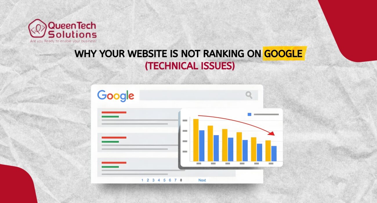 Diagram of a search engine results page showing a downward trend graph explaining Why Your Website Is Not Ranking on Google due to technical issues.