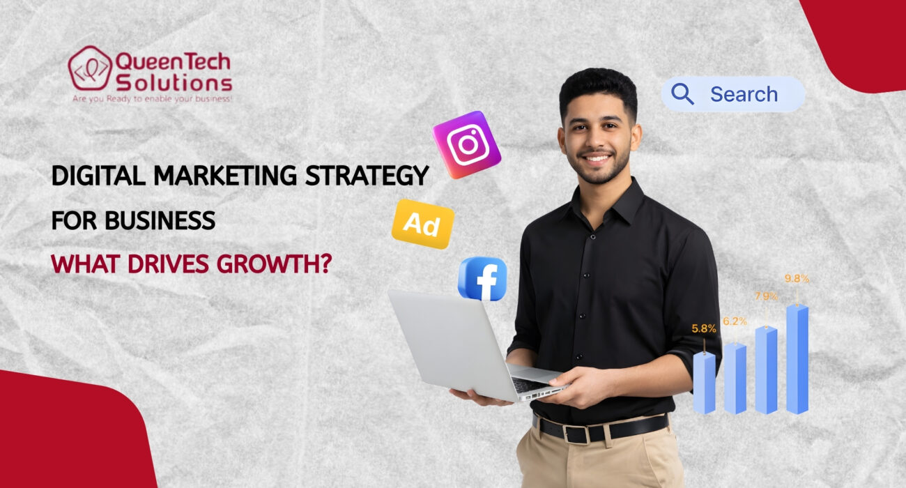 A professional holding a laptop surrounded by Instagram, Facebook, and Ad icons with a rising growth chart, illustrating a Digital Marketing Strategy for Business.