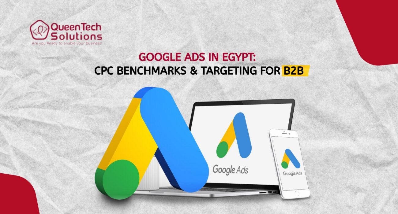 Illustration featuring the Google Ads logo next to a laptop and smartphone, representing Google Ads in Egypt services by Queen Tech Solutions.