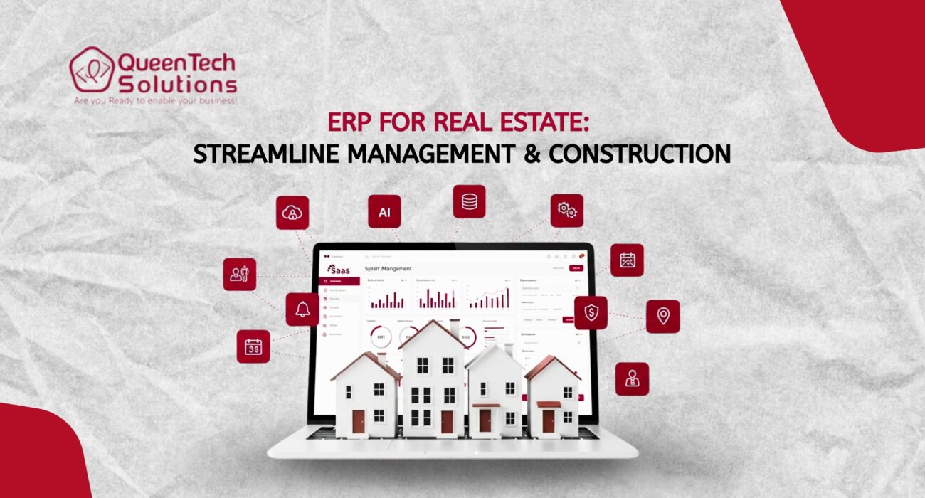 3D visualization of a laptop featuring an ERP for Real Estate dashboard with miniature houses on the keyboard and icons for AI automation and analytics.