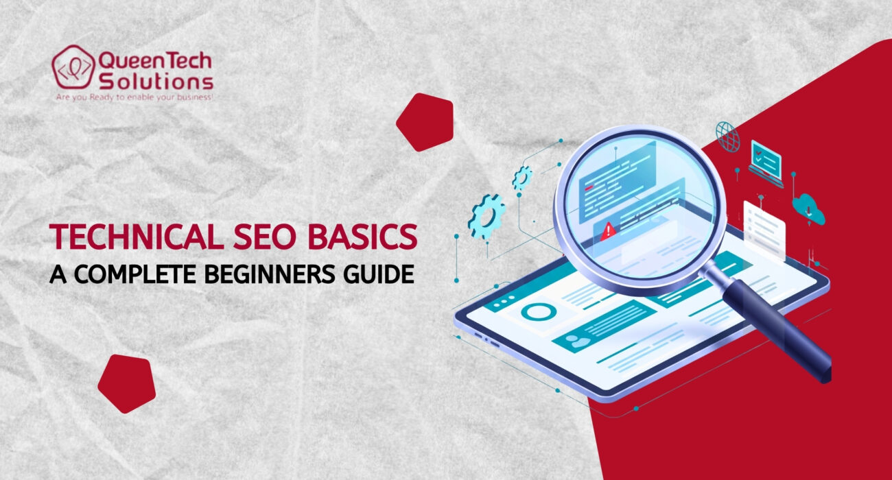 A 3D illustration of a magnifying glass over a digital circuit board, representing Technical SEO Basics.