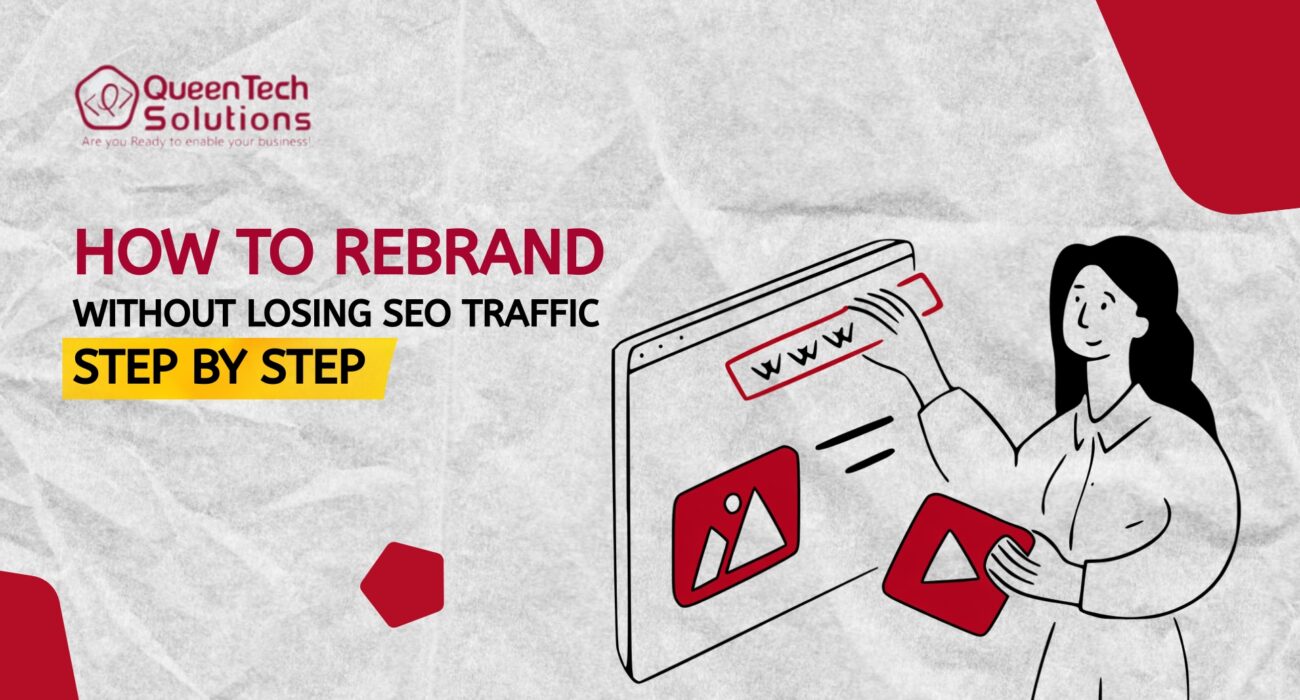 A digital illustration of a woman updating a website interface with new brand elements, representing how to rebrand without losing SEO traffic.