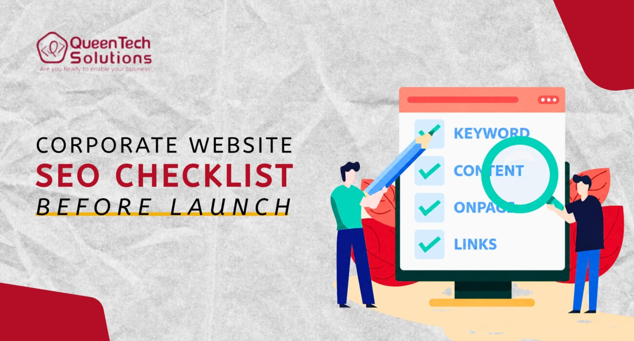 A flat design illustration showing two people with a large magnifying glass and pencil reviewing a Website SEO Checklist on a computer screen.