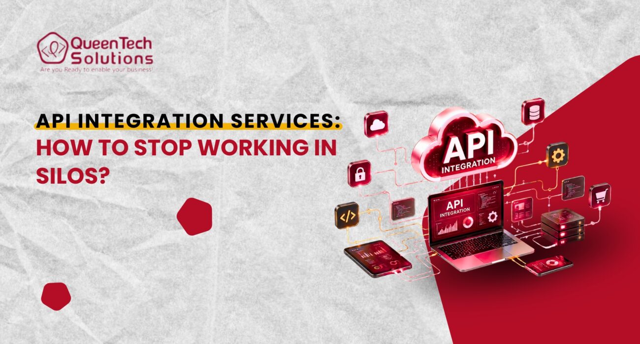 A professional 3D illustration featuring a glowing cloud labeled: API Integration Services connected to a laptop, code symbols, and database icons.