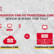 A side-by-side comparative illustration of two digital interfaces, representing the architectural differences of headless CMS vs traditional CMS