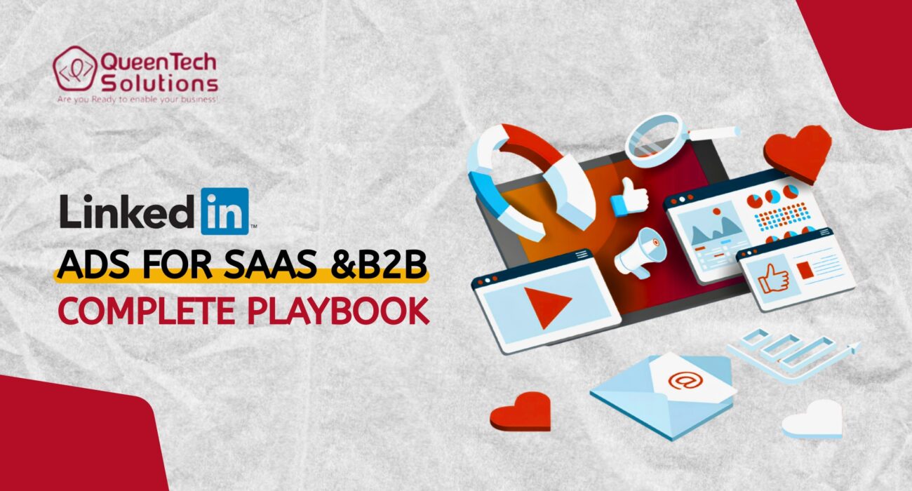 A 3D digital marketing illustration featuring social media icons, video players, and analytics charts representing a playbook for LinkedIn Ads for SaaS.