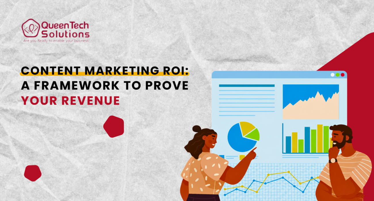 An illustration of two marketing professionals reviewing a digital dashboard with charts and graphs to prove Content Marketing ROI.