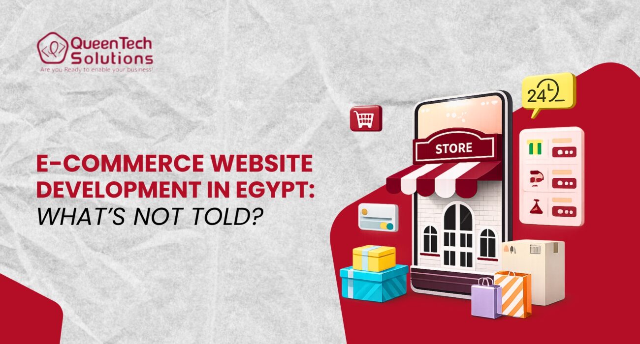 A 3D illustration of a smartphone transformed into an online storefront with shopping bags, delivery boxes, and payment cards, representing e-commerce website development in Egypt.