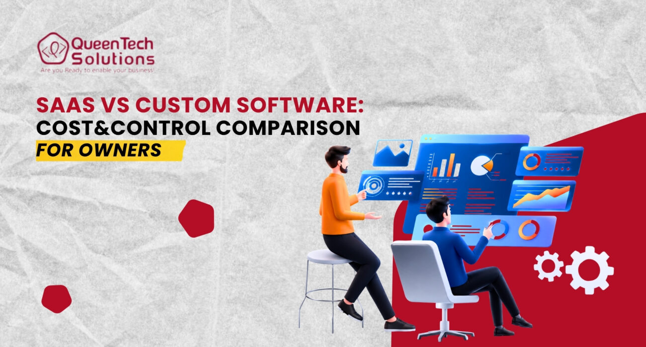 An illustration of two business owners analyzing data charts and configuration gears on a large digital screen, representing SaaS vs custom software options.