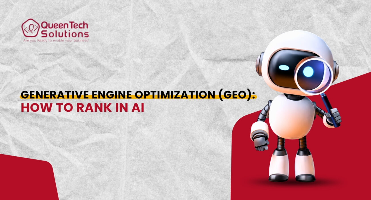 A 3D illustration of a small white robot holding a magnifying glass to search for data, representing Generative Engine Optimization strategy.