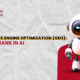 A 3D illustration of a small white robot holding a magnifying glass to search for data, representing Generative Engine Optimization strategy.