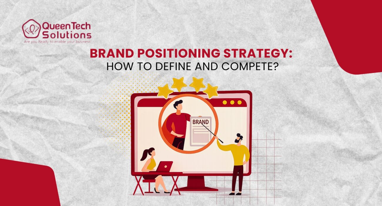 An illustration of a team collaborating on a monitor, representing the process of creating a Brand Positioning Strategy.