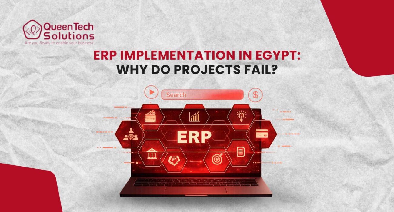 A red laptop display showing interconnected business modules like finance, HR, and inventory to represent an ERP implementation in Egypt.