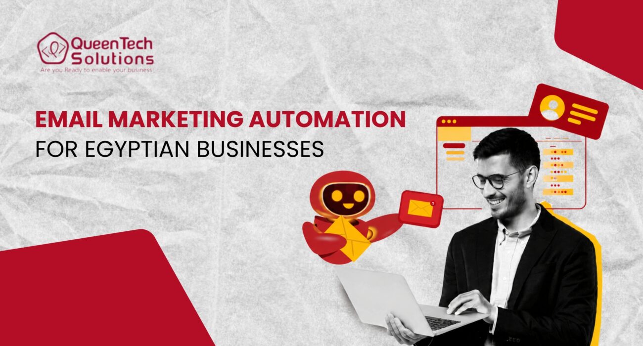 A smiling professional using a laptop next to a small red robot holding envelopes, representing Email Marketing Automation.