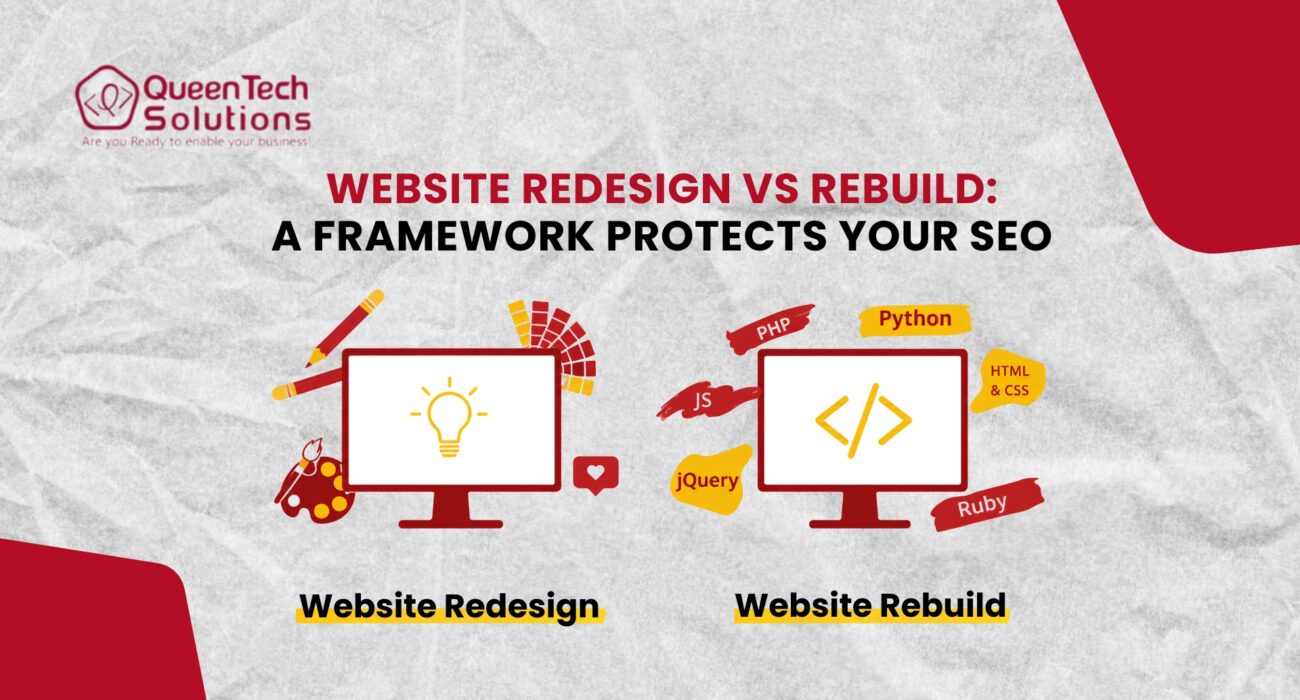 A side-by-side comparative graphic showing two monitors, one illustrating a website redesign with a lightbulb and art tools, and the other illustrating a website rebuild with code symbols and programming languages.