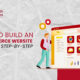 An illustration of a man standing next to a large web browser screen displaying products like watches, headphones, and clothing with a shopping cart, representing how to build an e-commerce website in Egypt.