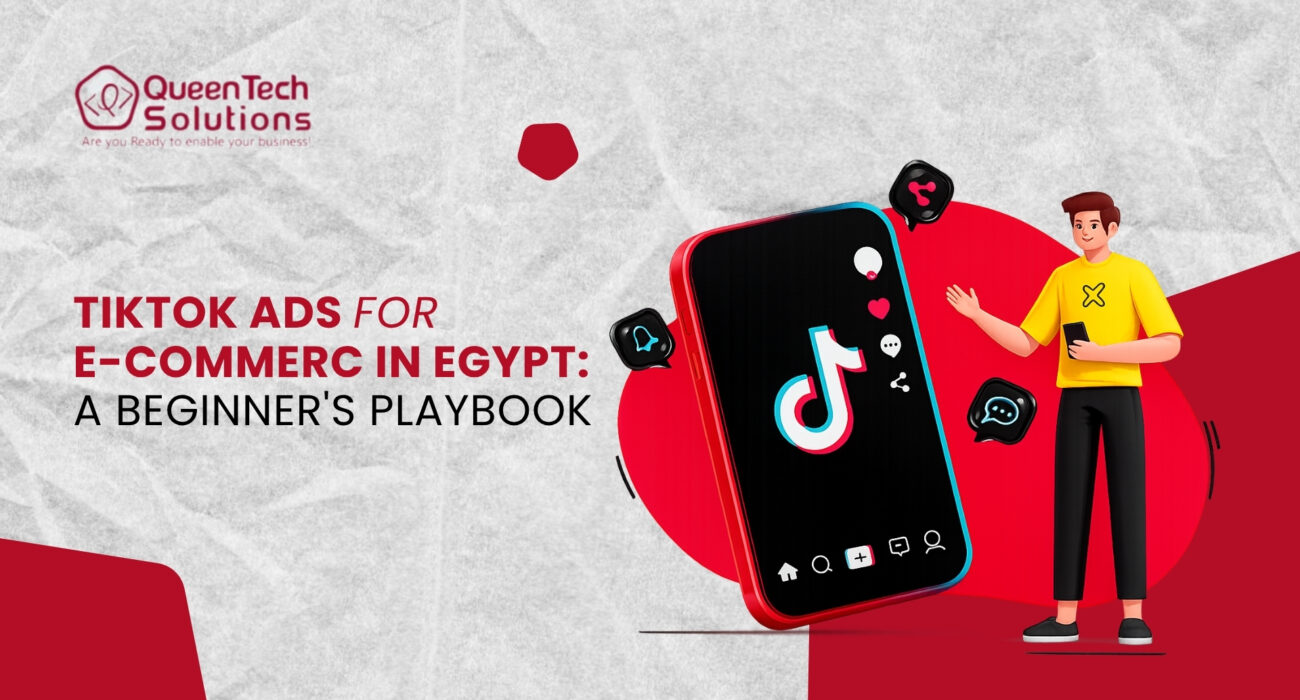 An illustration of a man in a yellow shirt standing next to a large red smartphone displaying the TikTok interface, representing TikTok Ads for E-commerce in Egypt.