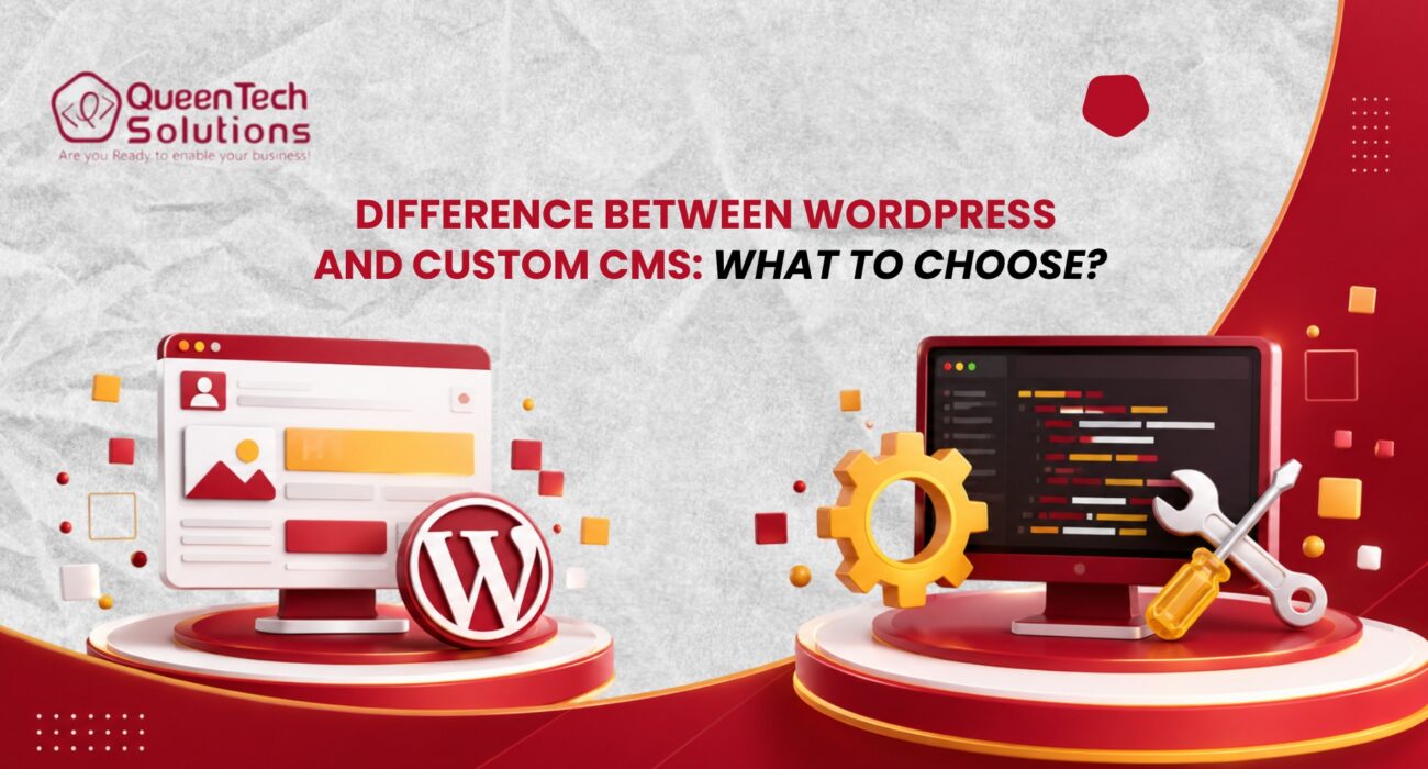 A side-by-side visual comparison displaying a website screen with a 3D WordPress logo next to a computer monitor showing lines of code with tools and gears, illustrating the Difference Between WordPress and Custom CMS.
