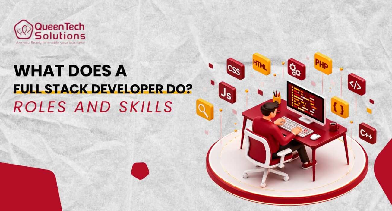 A 3D illustration of a programmer working at a red desk surrounded by floating programming technology icons like HTML, CSS, JS, PHP, and C++, representing a Full Stack Developer.