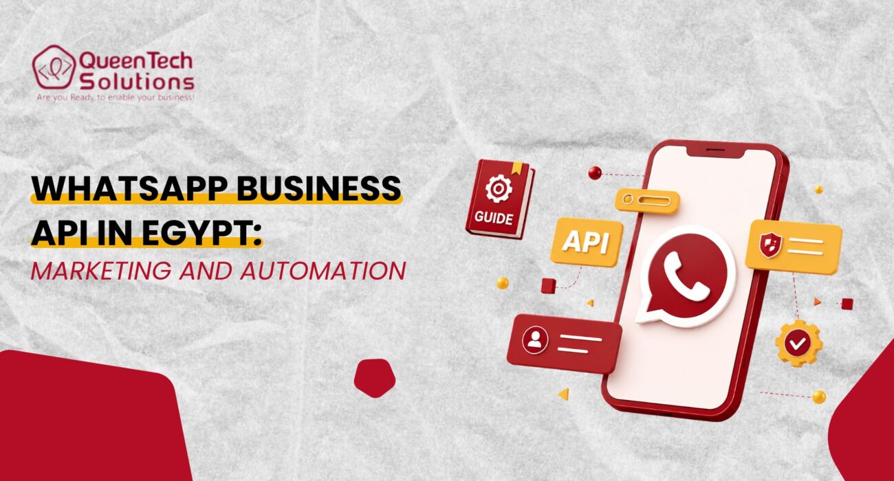 A 3D illustration of a smartphone displaying a WhatsApp chat icon surrounded by API badges, user profile cards, and a guide book representing WhatsApp Business API in Egypt.