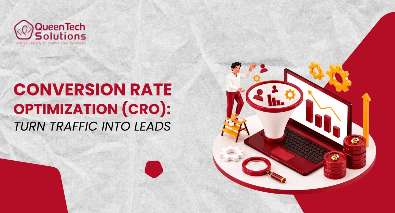 A 3D illustration of a man standing on a stepladder pouring user traffic into a sales funnel connected to a laptop showing growth charts, stack of coins, and gears, representing Conversion Rate Optimization.