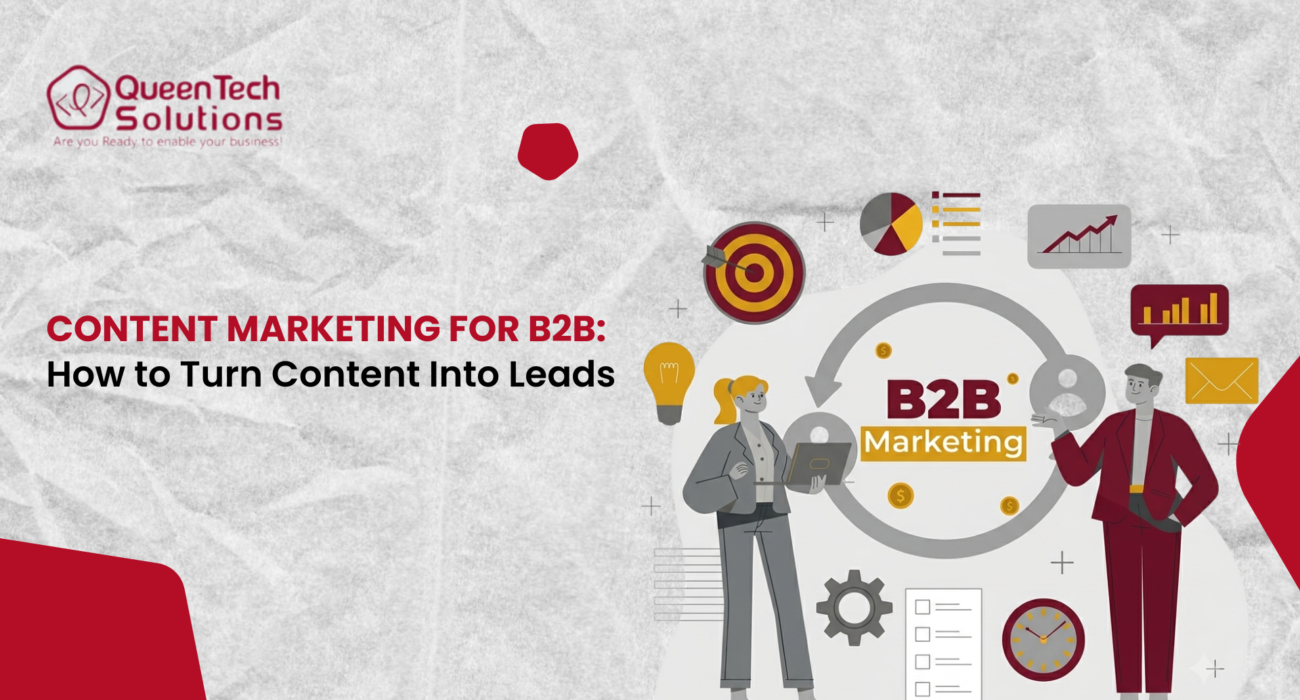 An illustration of two business professionals holding a laptop and surrounded by lead generation icons like targets, lightbulbs, and gears, representing content marketing for B2B.