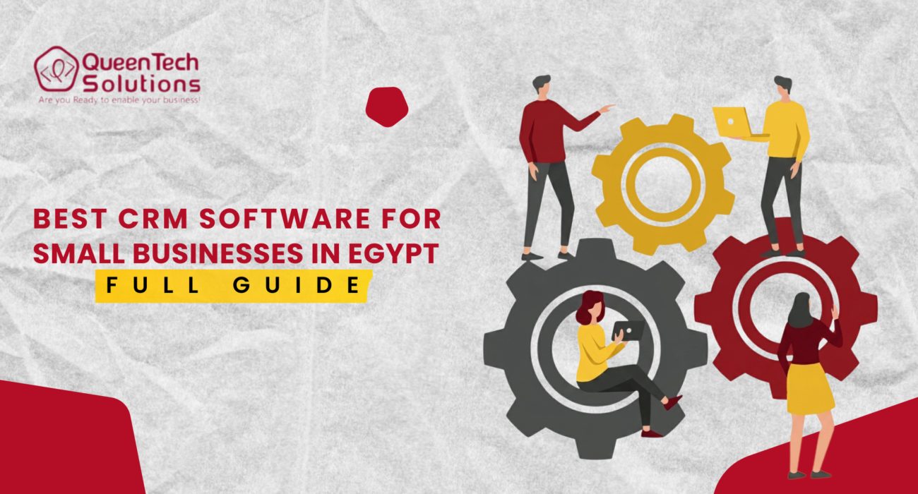 An illustration of four professionals interacting with a network of interlocking gears using laptops and tablets, representing the best CRM software for small businesses in Egypt.