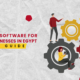 An illustration of four professionals interacting with a network of interlocking gears using laptops and tablets, representing the best CRM software for small businesses in Egypt.