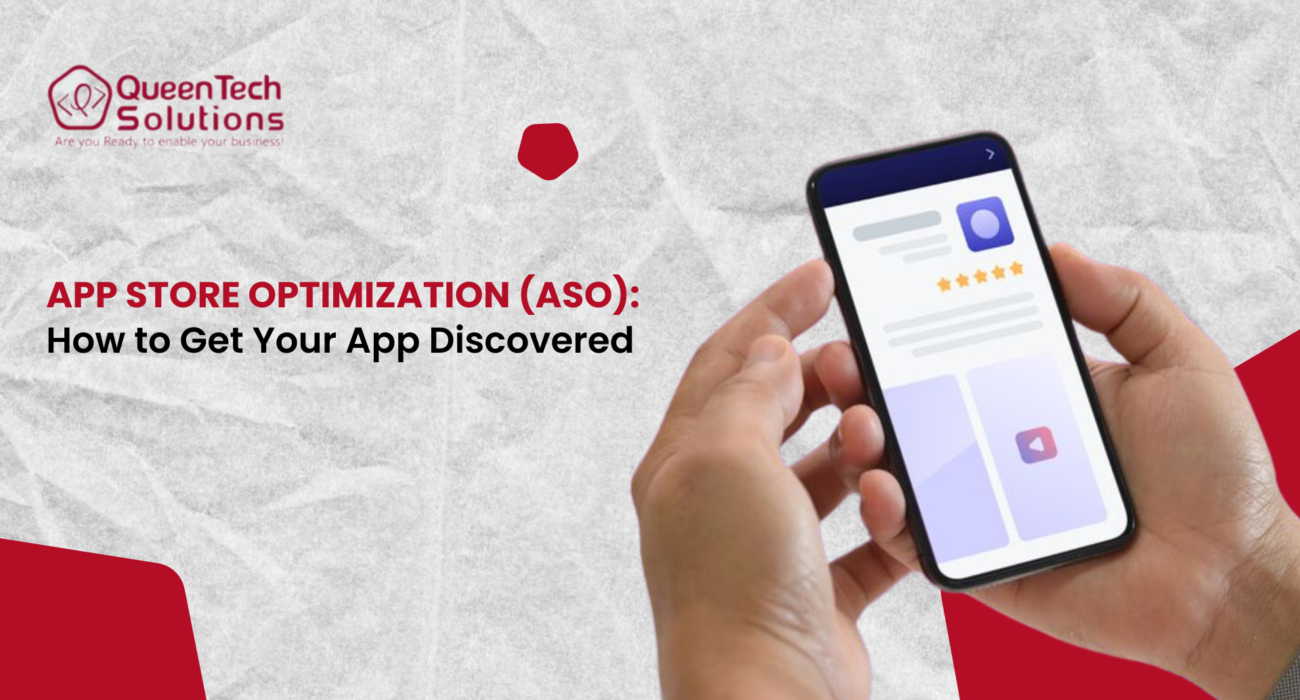 A close-up of a person holding a smartphone showing an app listing page with star ratings and interface layouts, illustrating App store optimization.