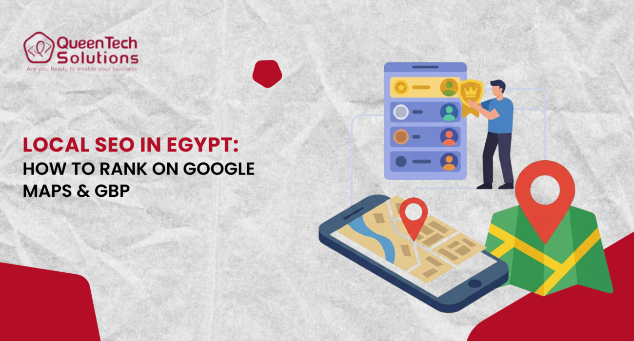 An illustration of a smartphone showing a map navigation interface next to a folded map and a person optimizing a local directory listing, representing Local SEO in Egypt.
