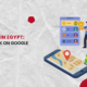 An illustration of a smartphone showing a map navigation interface next to a folded map and a person optimizing a local directory listing, representing Local SEO in Egypt.