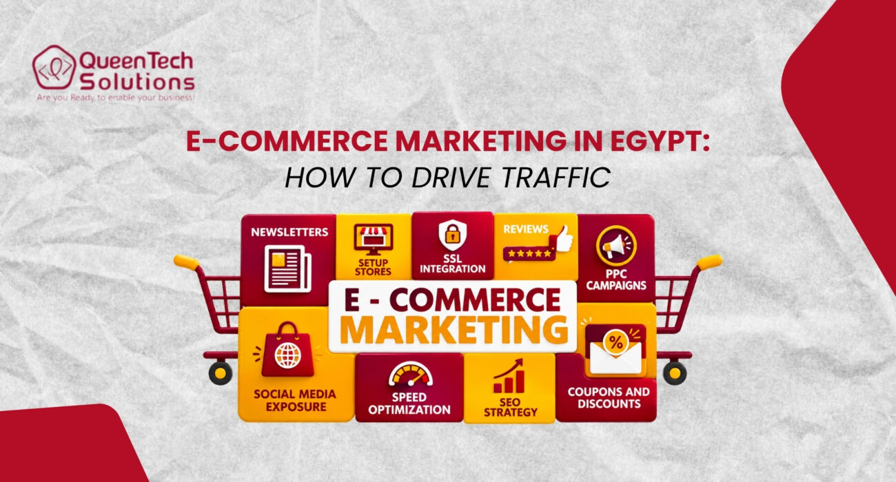 A shopping cart frame surrounding a grid of icons for newsletters, store setup, SSL integration, reviews, PPC, social media, speed optimization, SEO, and discounts, representing E-commerce Marketing in Egypt.