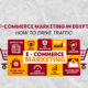A shopping cart frame surrounding a grid of icons for newsletters, store setup, SSL integration, reviews, PPC, social media, speed optimization, SEO, and discounts, representing E-commerce Marketing in Egypt.