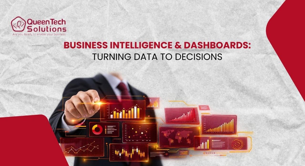 A corporate executive interacting with futuristic digital Business Intelligence dashboards displaying data analytics, bar charts, line graphs, and world maps.