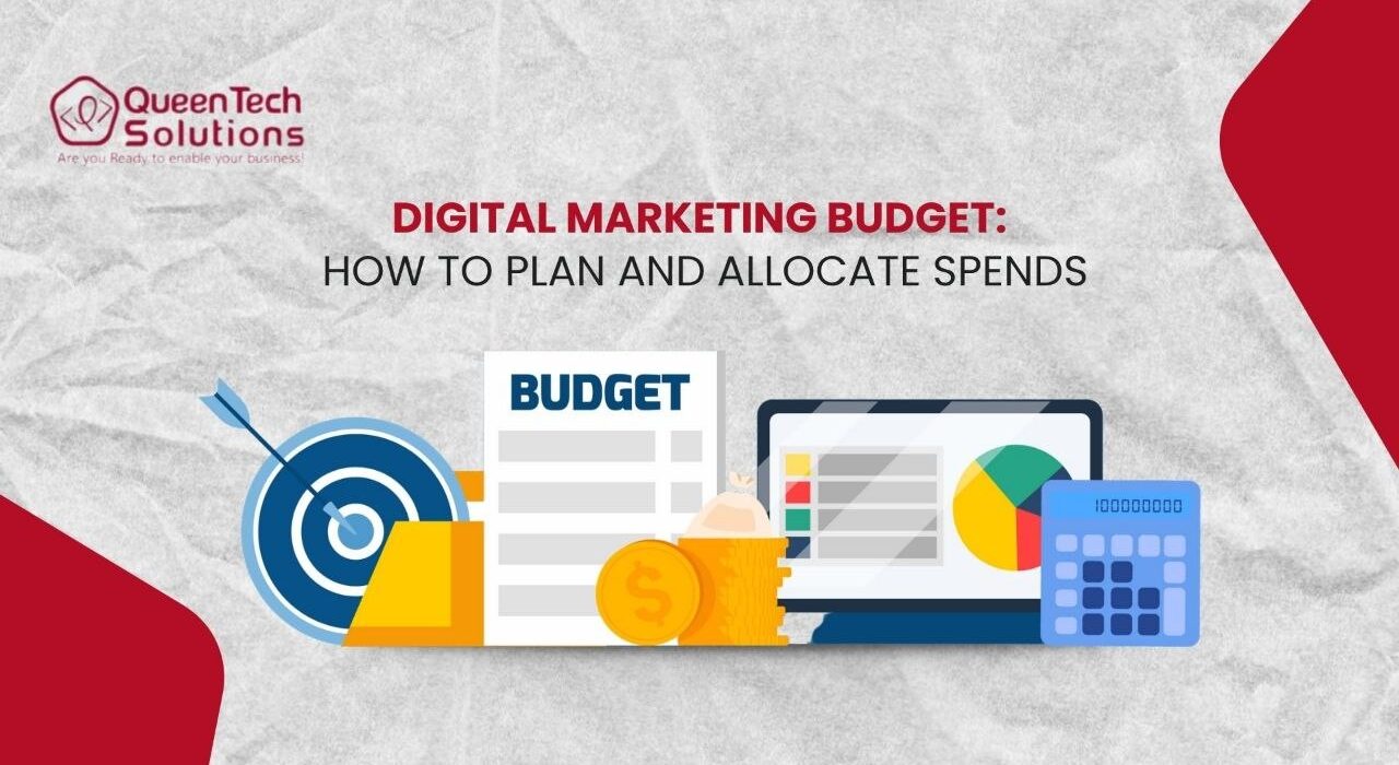 Flat vector graphics showing a target with an arrow, budget document, gold coin with dollar sign, computer screen with pie chart, and a blue calculator representing Digital Marketing Budget planning.