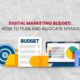 Flat vector graphics showing a target with an arrow, budget document, gold coin with dollar sign, computer screen with pie chart, and a blue calculator representing Digital Marketing Budget planning.