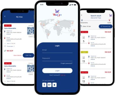 HighJet mobile app interface showing home, trip search and booking details